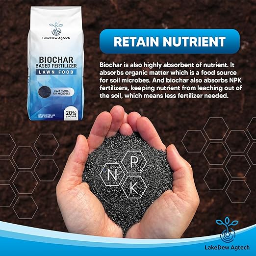 LakeDew Biochar Lawn Fertilizer 16‑0‑8 – Moisture Retention & Microbial Boost – Fix New Construction or Sandy Soils – Eco‑Friendly, Covers 2,500‑6,000 sq ft (19.6lb)