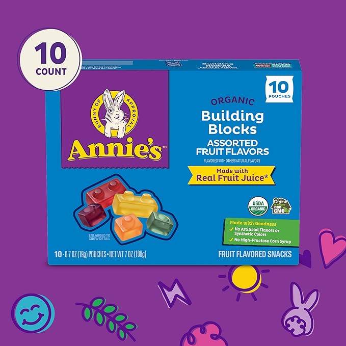 Annie's Organic Building Blocks Fruit Flavored Snacks, Assorted Fruit Flavors, Gluten Free, 10 Pouches, 7 oz