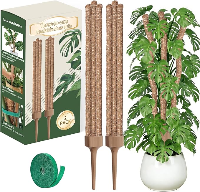 3 Moss Poles in 1, Bendable Monstera Plant Support, 30IN Tall Plant Support for Indoor Plants, Coir Pole Plant Stakes for Climbing Plants, Pothos, Philodendron-2 Pack