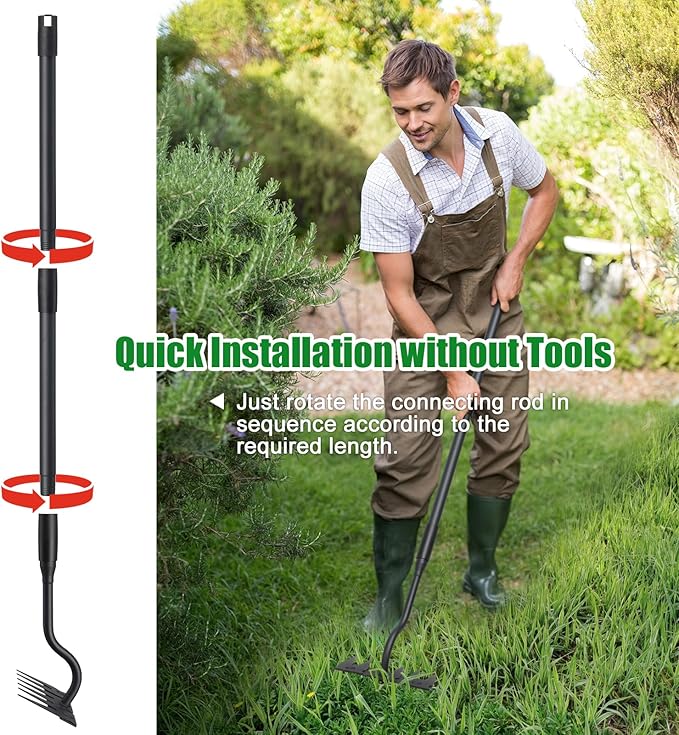 Weeding Garden Rake, 6 Tines Adjustable Weed Remover Tool Heavy Duty with Detachable Long Handle, 56 inch Weed Remover Gardening Hand Tool for Lawn, Yard, atio and Backyard