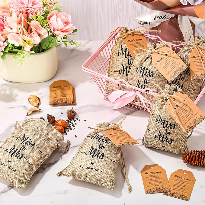 30 Sets Wildflower Seed Packets Bulk Bridal Shower Party Gifts for Guests Prizes Miss to Mrs Burlap Favor Bags Wildflower Seed Packets Party Favors with Thank You Cards Tags Twine, No Seeds