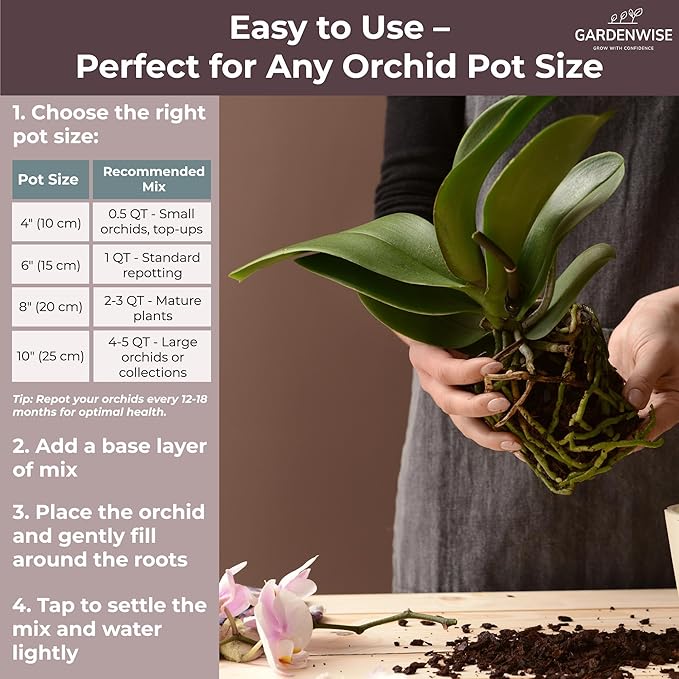 GARDENWISE Orchid Potting Mix – Orchid Bark, Sphagnum Moss, Tree Fern & Perlite for Repotting Phalaenopsis Orchids, Indoor Plants, Orchid Soil Medium – Sustrato para Orquídeas (5 Quart)