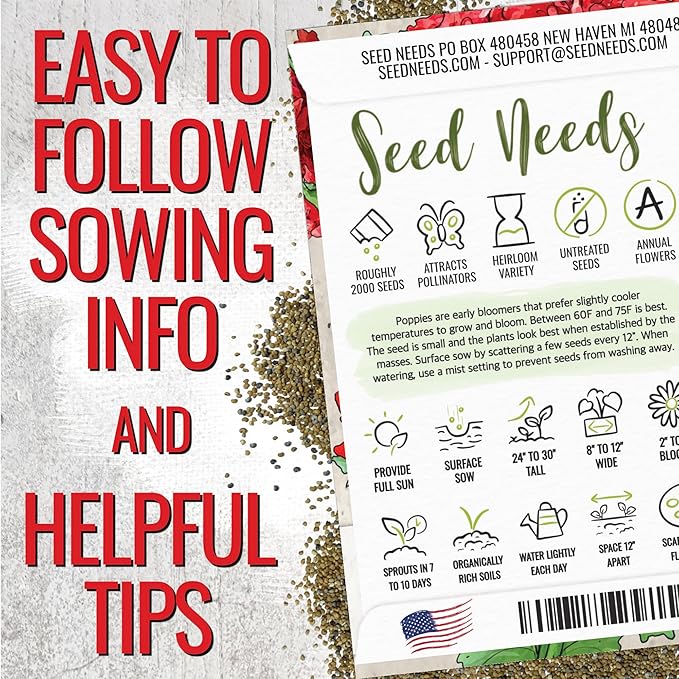Seed Needs Scarlet Peony Poppy Seeds for Planting - Heirloom & Open Pollinated Annual Flowers - Red Ruffled Blooms to Attract Butterflies to the Garden (5 Packs)