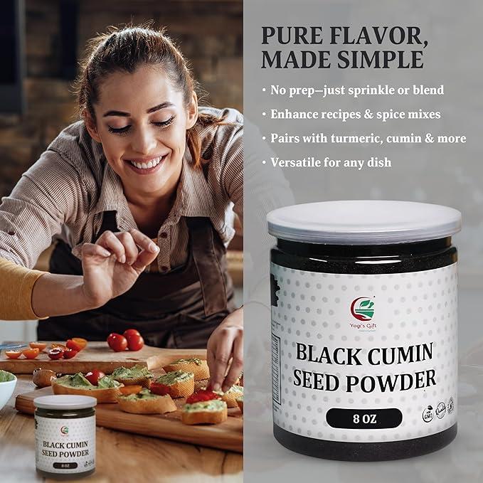 Yogi's Gift Black Cumin Seed Powder 8 oz, Ground Nigella Sativa, Kalonji, Comino Negro en Polvo for Cooking, Smoothies, and Natural Flavor Boost, Long-Lasting Aroma