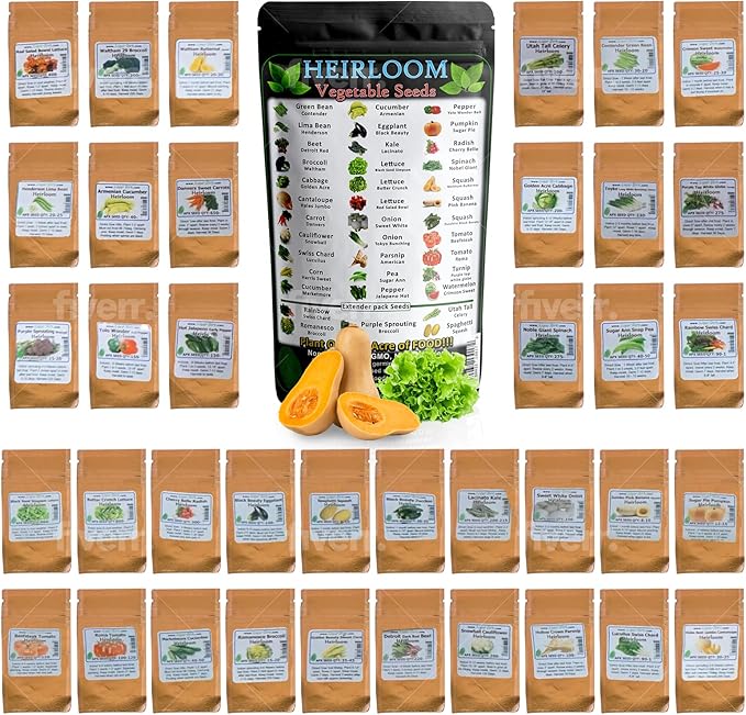 Heirloom Fruit and Vegetable Seeds - 38 Varieties, Over 8,000 Non-GMO, Non-Hybrid, Chemical-Free Seeds for Survival Garden Seed Bank