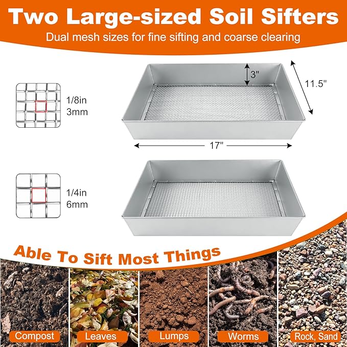 cyrico Soil Sifter for Gardening 2 Pack, 17.5 x 11.5 Inch Large Compost Sifter, Heavy Duty Metal Garden Sieve with 1/4 & 1/8 Inch Mesh Screens, Sifting Pan Tray for Rock, Dirt, Gravel, Sawdust, Sand