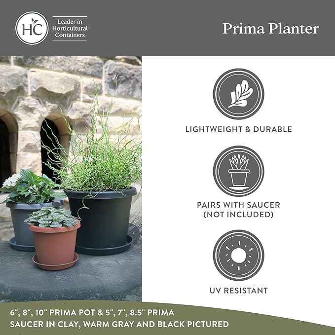 The HC Companies 6 Inch Prima Round Planter Pots with Drainage Holes and Rolled Rim, Lightweight UV-Resistant Plastic Indoor & Outdoor Planters, 4-Pack Flower Pots for Garden & Home Decor, Sandstone