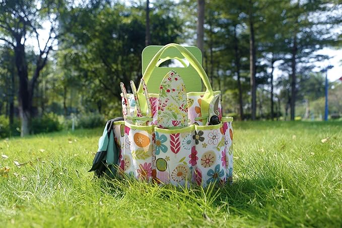 NAYE Garden Tool Set,Cute Gardening Gifts for Women,Birthday Gifts for Mom,Heavy Duty Tool Kit with Gloves,Garden Tote,Kneeling Pad,Hand Pruner,Trowel,Hand Rake,Weeder,Fork,Transplanter,Multicolor