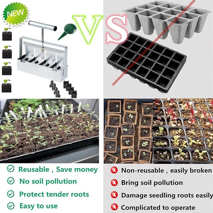 Hand-held Soil Blocker 4x2 Inch Seed Block Makers at a Time Soil Block Maker for Soil Block for Seed Start Garden Soil Potting Soil for Outdoor Plants (Plastic Seed pins)