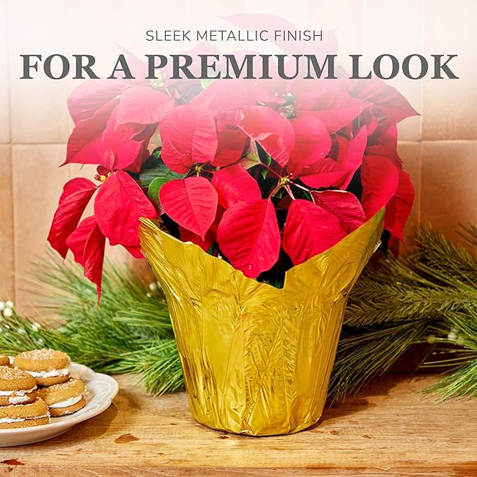 6” AZA Plant Pot Covers, Decorative Plant Sleeve for Indoor & Outdoor House Plants, Reusable and Gift-Ready Foil Wrap for Flower Pots, Gold, Pack of 5