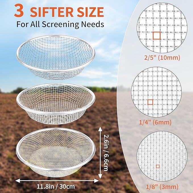 3PCS Soil Sifter for Gardening, Heavy Duty Rock Sieve Fits 5 Gallon Bucket, 3mm 6mm 10mm Galvanized Garden Sifter Compost Dirt Sifter, Sand Gravel Sawdust Pebbles