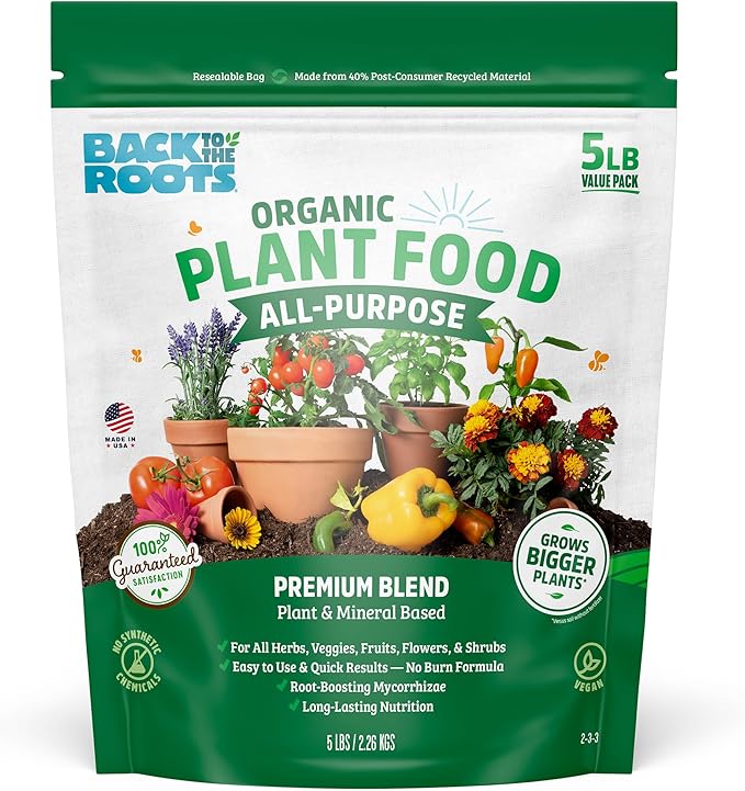 Back to The Roots Organic All-Purpose Plant Food (5 lb. Value Size), Premium Blend, Safe & Sustainable Vegan Formulation Made with Kelp and Alfaalfa Meal, Mycorrhize, and Rock Phosphate Minerals