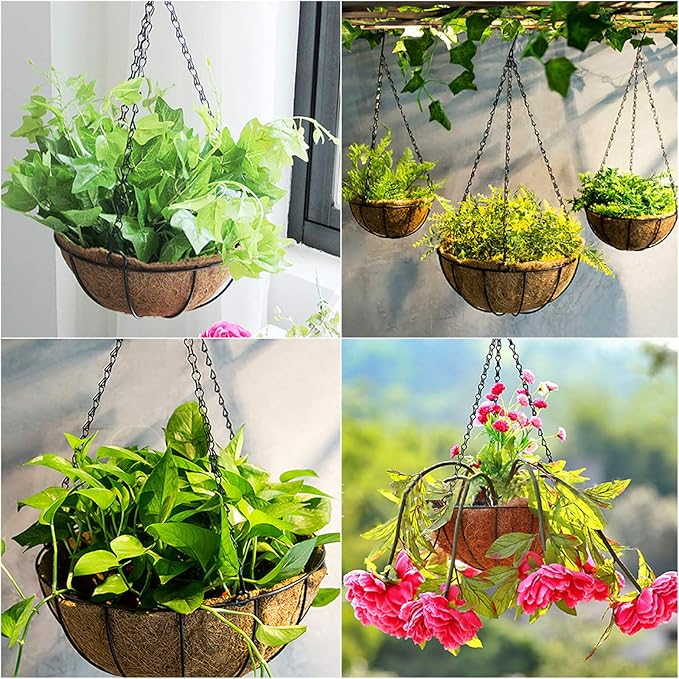 EIMQUVW Hanging Planters Basket Set of 3 Hanging Flower Pots 10 Inch Chain Round Wire Plant Holder with Coco Coir Liner Garden Watering Hanging Baskets for Patio Garden Outdoor1