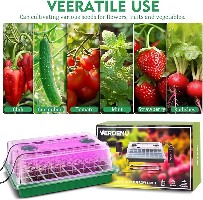 Verdenu Seed Starter Tray with Grow Light, 2 Pack 80 Cells Seed Starter Kit with Humidity Dome, Adjustable Brightness Seed Tray with Smart Timer, 3 Modes, 4 Timing, Germination Kit for Indoor
