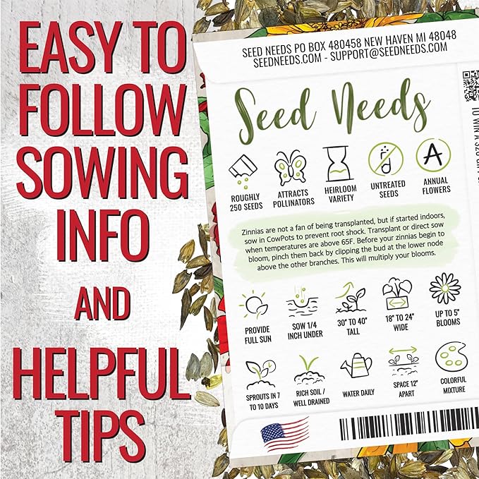 Seed Needs Zinnia Seeds for Planting California Giants Zinnias - Heirloom & Open Pollinated Annual Wildflowers to Grow a Butterfly Garden to Attract Pollinators (5 Packs)