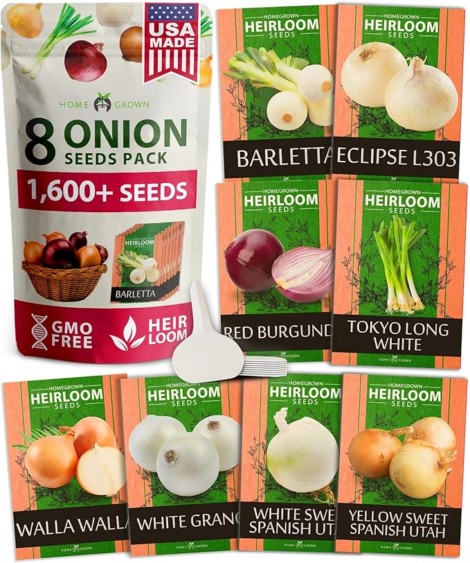 HOME GROWN 𝗨𝗦𝗔 𝗣𝗥𝗘𝗠𝗜𝗨𝗠 55 Vegetable Seeds Pack 28,000 & HOME GROWN 𝗨𝗦𝗔 𝗣𝗥𝗘𝗠𝗜𝗨𝗠 8 Onion Seeds for Planting – 1,600 Heirloom 𝗡𝗢𝗡-𝗚𝗠𝗢