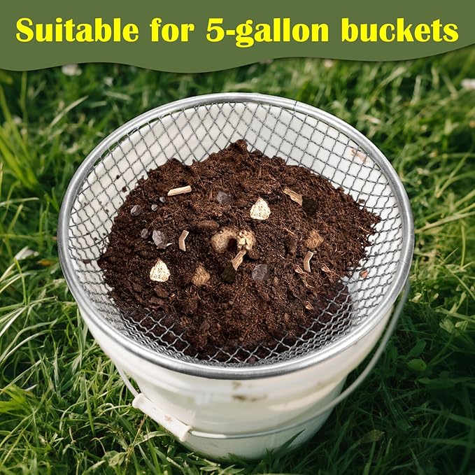 2PCS 3/8 Inch Mesh Soil Sifter for Gardening,Compost Sifter for 5 Gallon Buckets,Garden Sieve Rock Sifters for Captures Dirt Rocks Sawdust,Includes Gloves