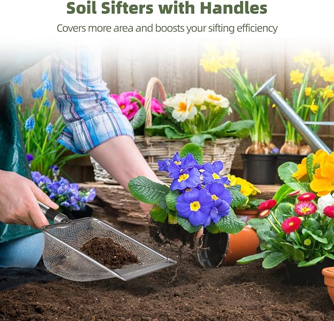 4 Pcs Gardening Soil Sifters - Garden Sifters with Handles, Stainless Steel Sieve Sifters, Gardening Compost Sifters for Sands, Rocks, Dirts, 0.08"/0.11"/0.18"/0.2" Mesh