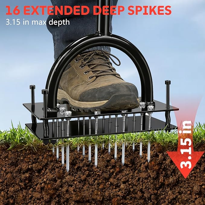 Lawn Aerator Tool, 16 Iron Spikes Manual Grass Aerator Lawn Tool with Spring-Loaded Design & Adjustable T-Handle, Automatic Leaf and Dirt Cleaning Yard Aerator for Loosening Soil Aerating Patio Garden