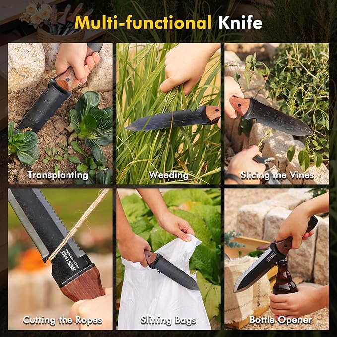 Restmo Hori Hori Garden Knife with Sheath, Durable Weeding & Planting Tool with Dual-Edge High-Strength Stainless Steel Blade, Depth Gauge, Ergonomic Walnut Handle for Gardening