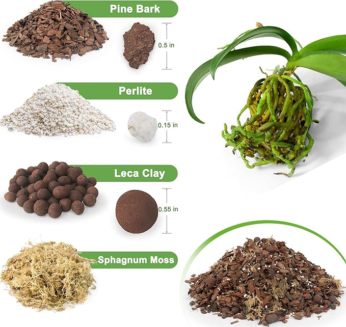 Orchid Bark Potting Mix 9QT - Orchid Soil Mix with Pine Bark, Perlite, Sphagnum Moss & Leca Clay, Fast-Draining Mix for Repotting Phalaenopsis & All Epiphytic Orchids, Indoor Orchid Mulch