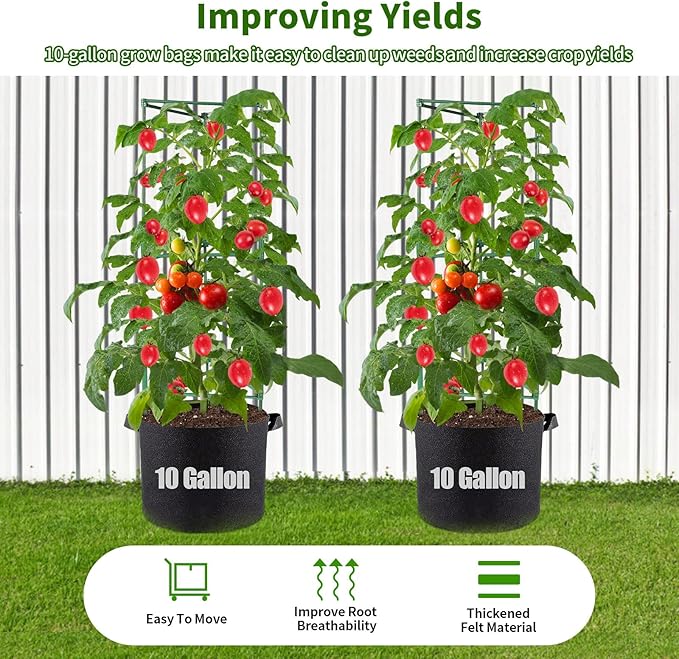 PASARA Tomato Cages with Grow Bags - 50 Inches Tomato Trellis for Raised Garden Bed, 3-Pack Tomato Plant Support, with 10 Gallon Plant Grow Bags, Reusable and Height Adjustable