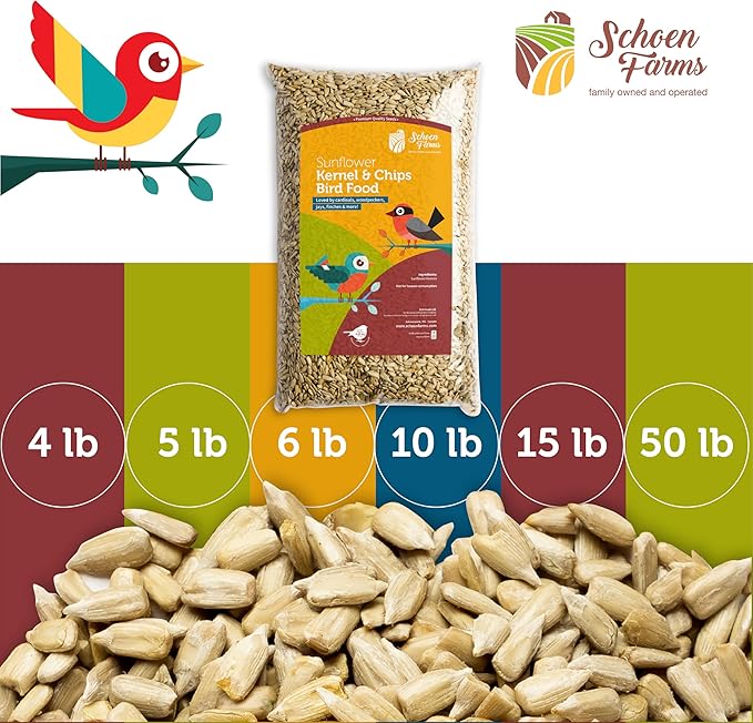 Schoen Farms Sunflower Kernels & Chips – 10 lb Bag – Hulled Sunflower Hearts Bird Seed – Premium No-Mess Wild Bird Food for Chickadees, Finches & Jays