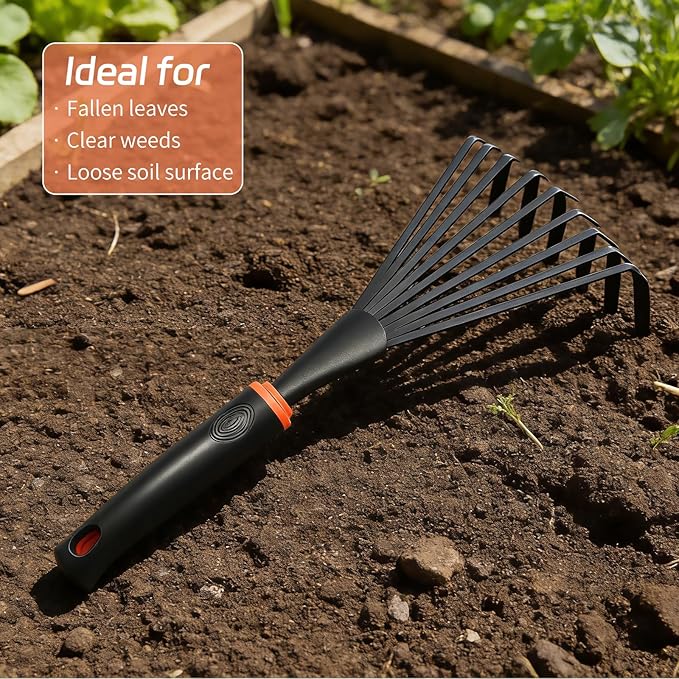 Hand Rake, Garden Stainless Steel Hand Rake with Ergonomic Handle for Gardening, Garden Sweep Yard Flower Beds Tool