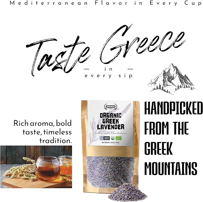 Apsogo Organic Greek Lavender – Premium Dried Flowers (1.76 oz), Organic Herbal Lavender Tea & Culinary Use, Whole Buds in Resealable Pouch