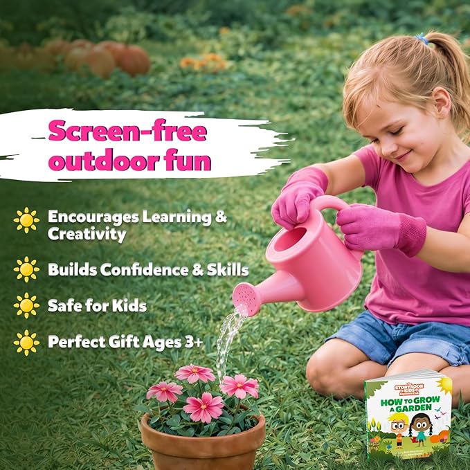 Pink Kids Gardening Tools - Includes Sturdy Tote Bag, Watering Can, Gloves, Shovels, Garden Stakes, and a Delightful Children's Book How to Garden Tale - Kids Garden Tool Set for Toddler Age on up.