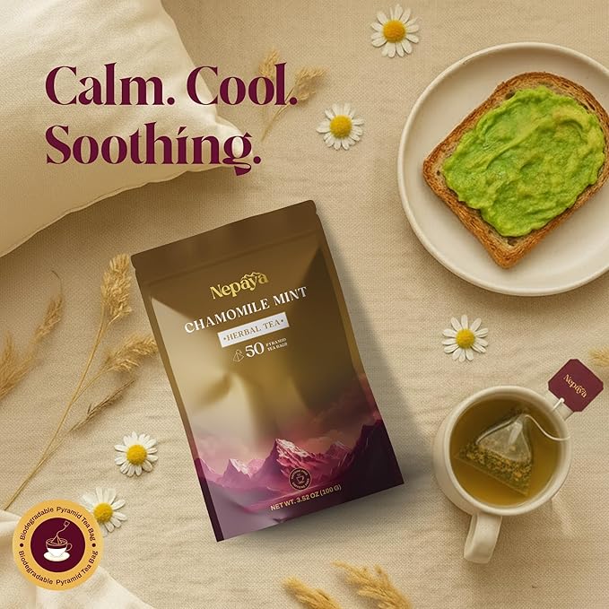Chamomile Mint Herbal Tea Bags, Relaxing Bedtime Blend with Lemongrass, Peppermint Individually Wrapped Pyramid Tea Bags, Fennel & Peppermint, Caffeine Free Teabags, Hot or Ice Tea, 50 Biodegradable Tea Bag