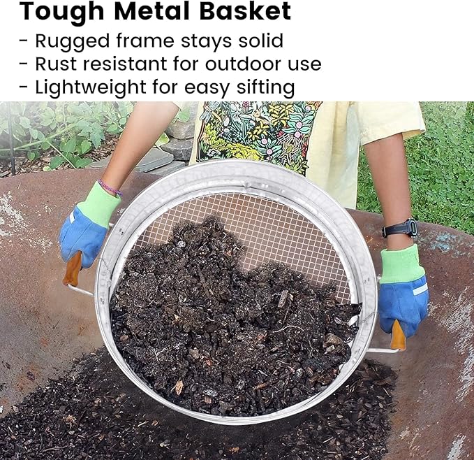 Stainless Steel Soil Sifter with Wood Handle - 14 Inch Large Garden Sieve & Compost Screen Pan for Dirt, Rocks, Gravel & Sand - 2 Heavy Duty Rustproof Replaceable Meshes (3mm & 6mm)