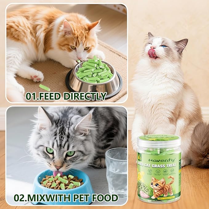 Havenfly Cat Grass Teething Sticks, 3.52oz Edible Natural Dried Cat Grass Treats with Chicken, Cats Snack for Hairball Removal and Dental Care