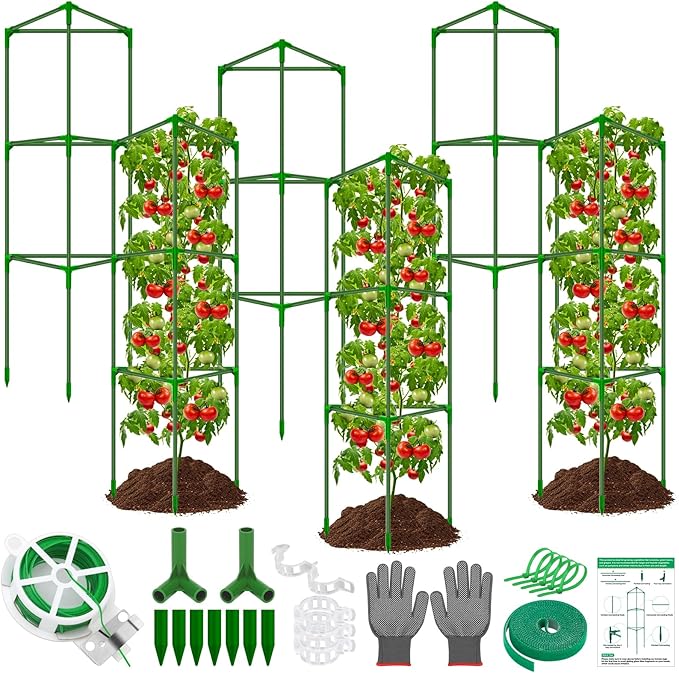 6 Packs Fiberglass Tomato Cages for Garden, 56 Inch Tall Tomato Plant Support, Adjustable Cucumber Stakes Plant Climbing Trellis for Garden Vegetables Fruits, Climbing Bean Support Cages with Clips