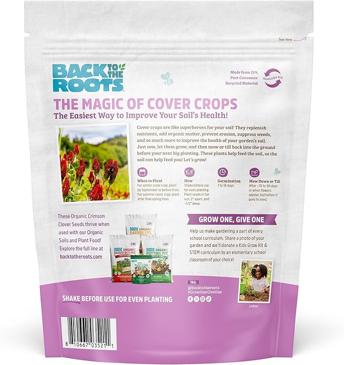Back to The Roots 100% Organic Crimson Clover Cover Crop Seeds, Covers ~1000 sq. ft.