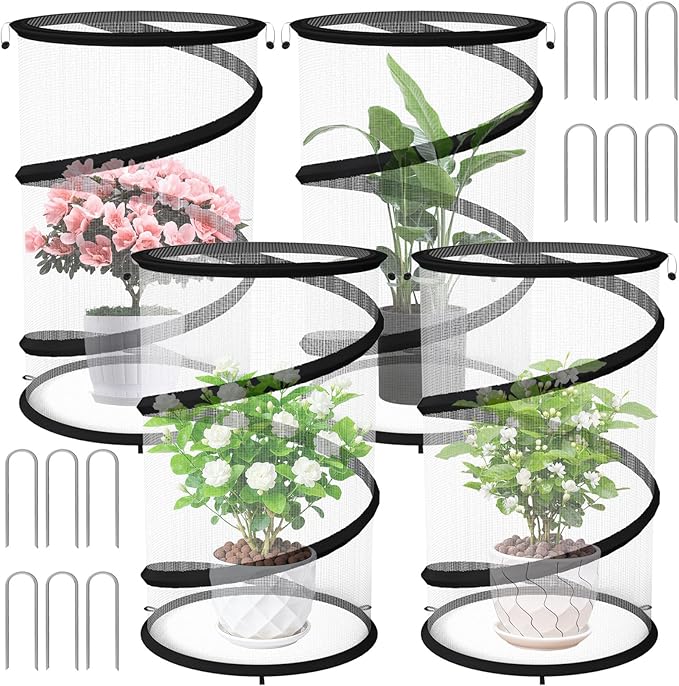 Erinaik 4 Pack Pop up Plant Guard Covers Tent from Animals White, 19.6" x 11.8" Foldable Plant Protectors Mesh Net, Garden Plant Enclosure Protection Cage with Stakes & Carry Bag for Outdoor Plants