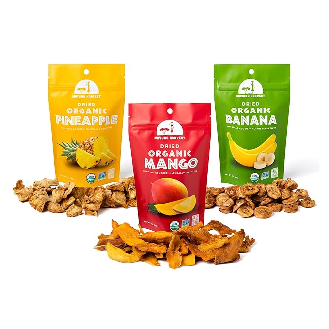 Mavuno Harvest Organic Dried Fruit Variety Pack | Dried Mango, Pineapple, and Banana | Healthy, Vegan, No Sugar Added, Non GMO Snacks for Kids & Adults | 2 Ounce, Pack of 3
