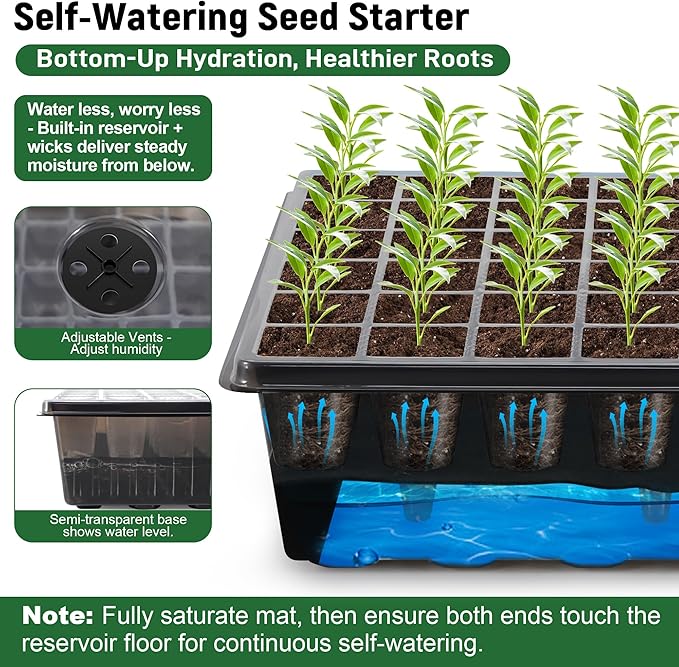 60-Cell Self-Watering Seed Starter Kit with Grow Light and Heat Mat, Seedling Tray with Humidity Dome, Indoor Plant Germination Tray for Beginners - Grow Tomatoes, Peppers, Herbs & Flowers