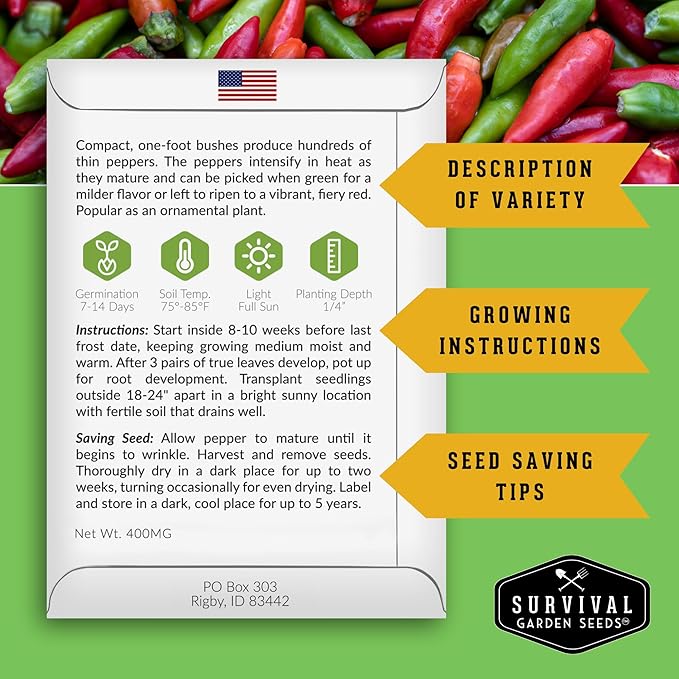 Thai Chili Pepper Seeds for Planting | Heirloom Bird’s Eye Hot Variety – Non-GMO Seeds for Spicy Cooking & Containers – Survival Garden Seeds (1 Pack)