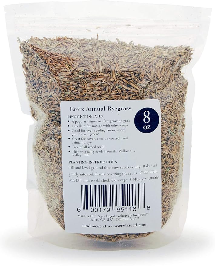 Annual RyeGrass Seed by Eretz - Willamette Valley, Oregon Grown. No fillers, No Weed or Other Crop Seeds (8oz)