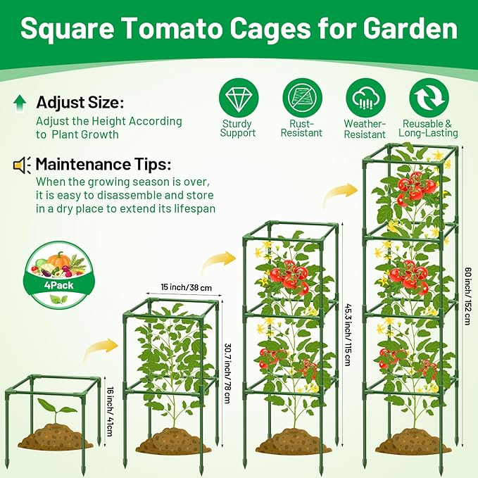 Legigo 4 Pack Square Tomato Cages- 60 Inch Heavy Duty Tomato Trellis for Climbing Plants Outdoor, Tomato Plant Support Stakes Cage Garden Trellis for Garden Raised Garden Bed Cucumbers Vegetables