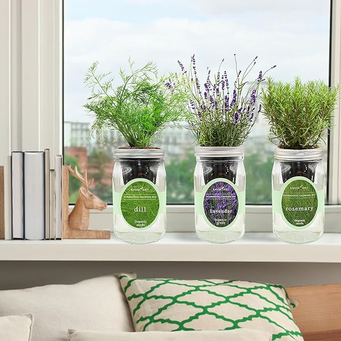 Hydroponic Herb Growing Kit Set, Self-Watering Mason Jar Herb Garden Starter Kit Indoor, New Christmas Gift for Mom (Dill, Lavender & Rosemary)