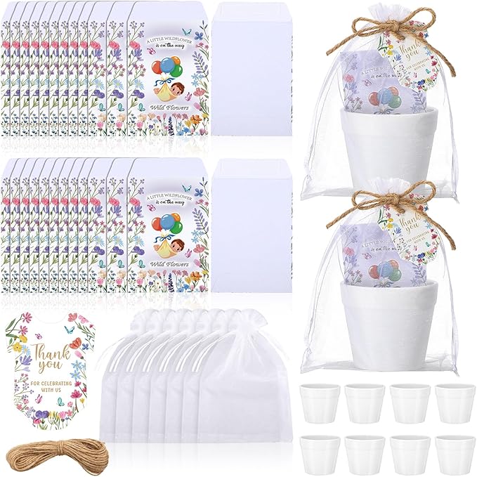 50 Sets Baby Shower Seed Packet a Little Wildflower is on The Way Party Favor Seed Packets White Flowerpot Thank You Tags and Organza Bags for Wildflower Baby Shower