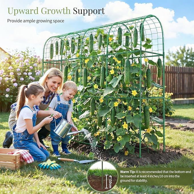Housolution Cucumber Trellis for Raised Bed, 67"×48" U-Shape Garden Trellis for Climbing Plants Outdoors with 2×3m Net for Tomato Squash Zucchini Peas Beans Grape Fruit Flowers, Green