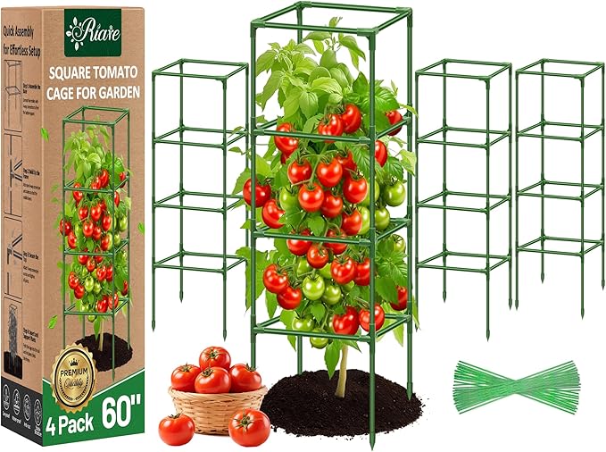 Riare 4 Pack Square Tomato Cages for Garden Plant Support- Up to 60 Inch Tomato Cage Garden Stakes Tomato Trellis for Potted Plants Raised Garden Bed Climbing Vegetables Flowers Outdoor Indoor
