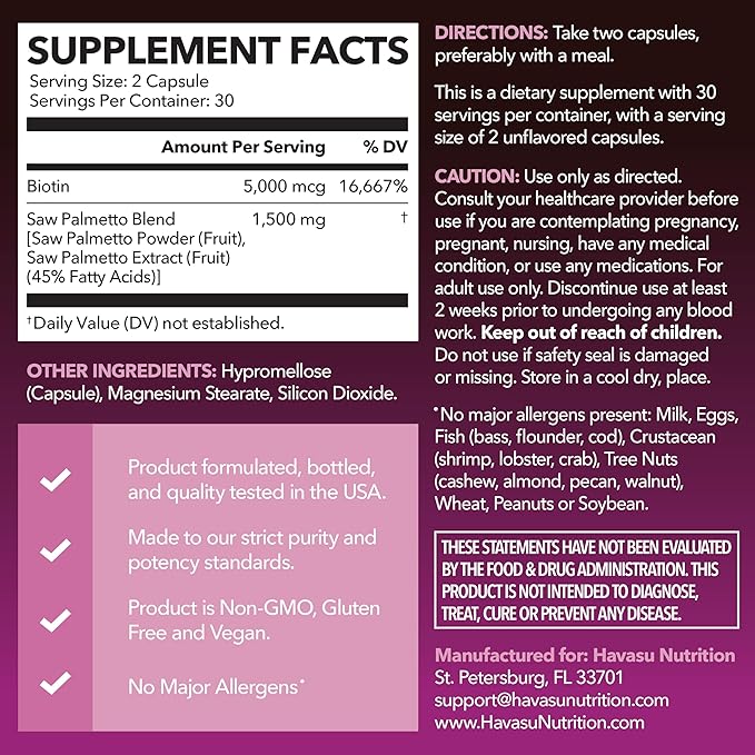 Saw Palmetto for Women with Biotin 5000mcg - Powerful DHT Blocker to Support Hair, Skin, and Nail Health - 60 Count - Vegan, Non-GMO Vitamin for Stronger, Fuller Looking Locks - 1 Month Supply