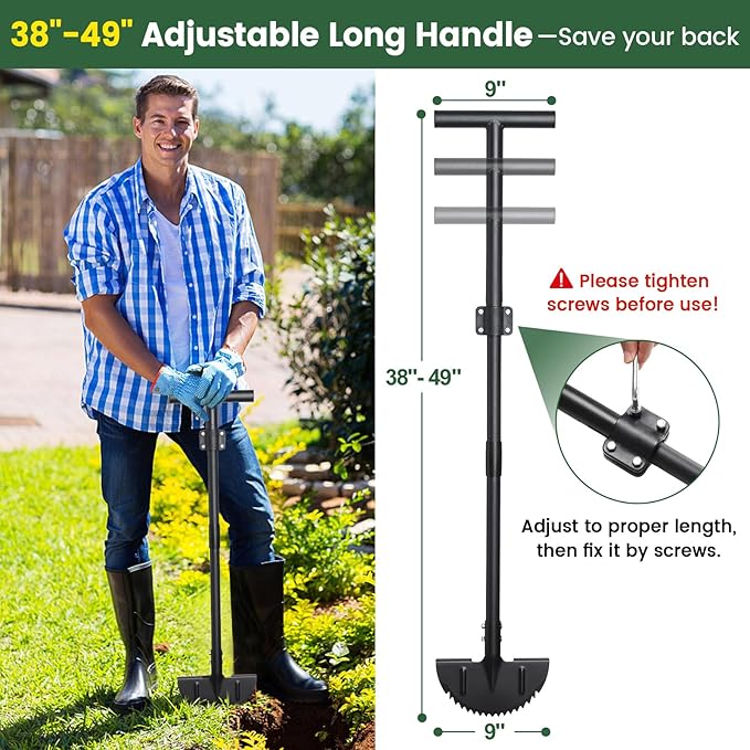 Half Moon Edger Lawn Tool, Sharp Saw-Tooth Hand Lawn Edging Tool for Landscaping, 48.5" Adjustable Long Handle Manual Edgers with T-Grip for Sidewalk Flower Bed Yard Garden Border Cable Burying