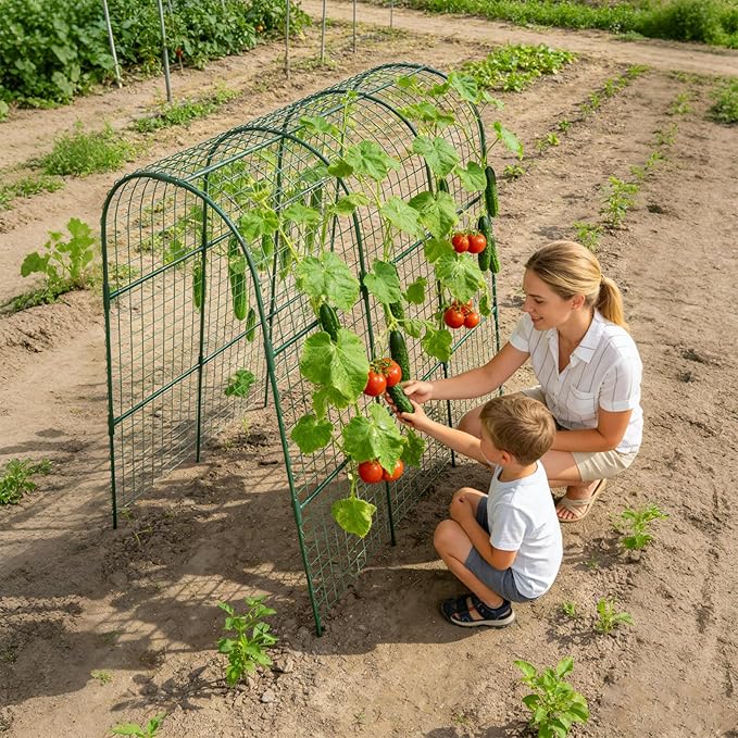 Cucumber Trellis, Metal Garden Arch Trellis for Raised Bed, 48 x 48inch U-Shape Garden Trellis for Climbing Plants Outdoor, Vegetables Fruit Plant Support with Netting, Gardening Supplies (Green)