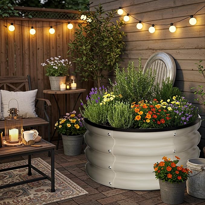 ZXZYHFTY Raised Garden Bed, 0.6 mm Galvanized Steel Round Planter Box with Open Bottom, White, 2 x 2 x 1 FT, 1 Pack