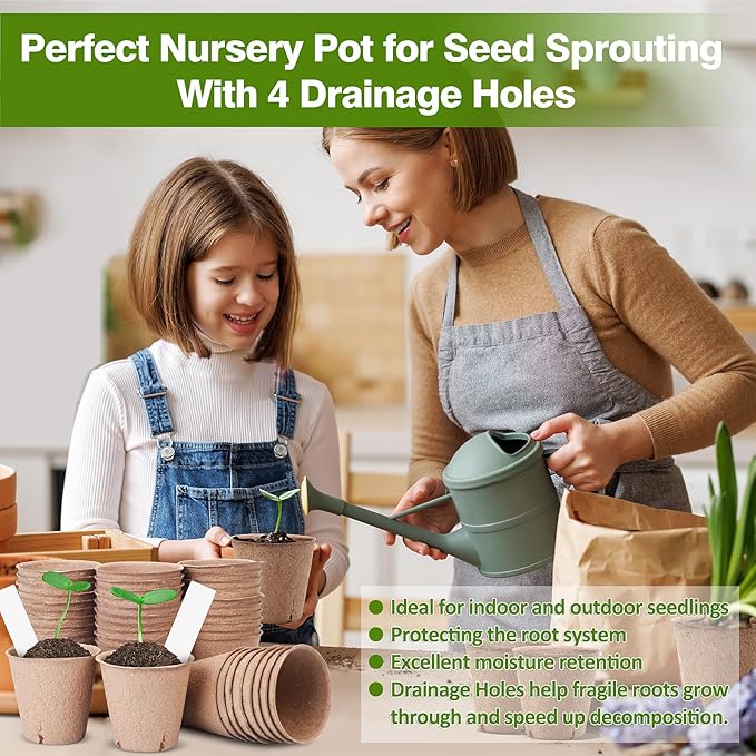 ARGCONNER Peat Pots, 60 Pack Plant Starter Round Nursery Pot with Drainage Holes, Garden Germination Seedling Pots with 30 Plant Labels (3.15 Inch)